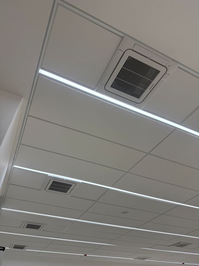 יחידות קסטה תקרתיות של סמסונג משולבות בין פסי תאורה בתקרה אקוסטית של משרד